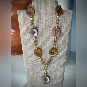 Dragonfly Pendant Necklace with Orange and Gold Flower Accents